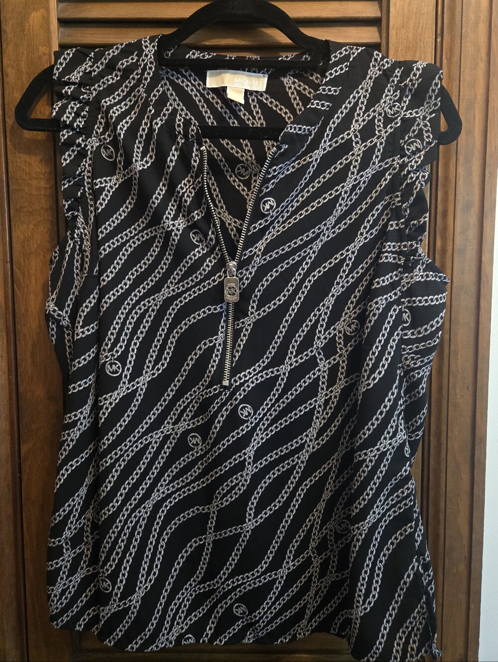 Michael Kors Black Sleeveless Chain-Print Zip Top